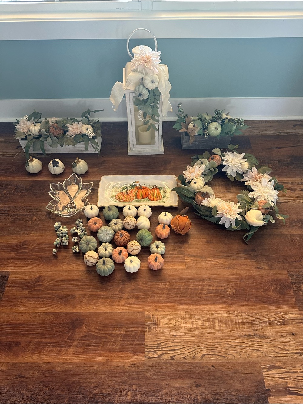 Neutral Autumn Floral Wreath with Mini Pumpkin Accents